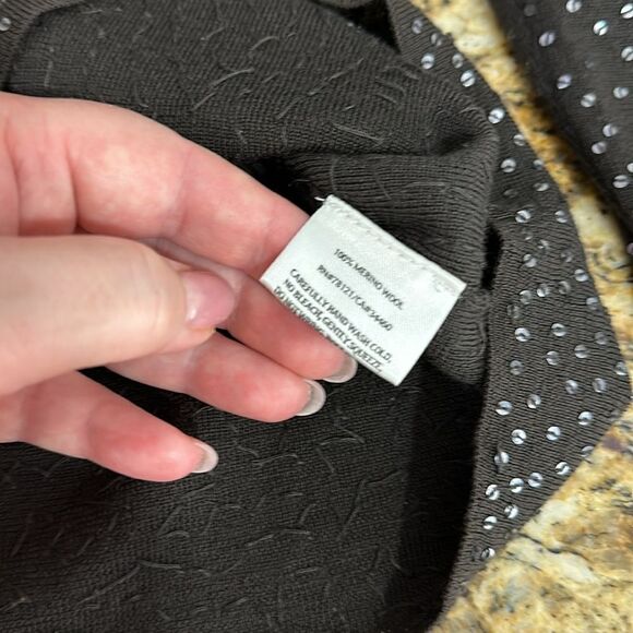 EILEEN FISHER Chocolate Brown Merino Wool Sequin-Accent Sweater Size M - Picture 5 of 8